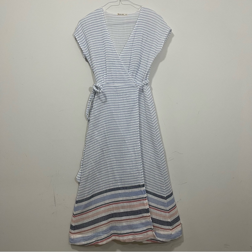 Marine Layer Striped Maxi Dress in White and Light Blue with Pastel Accents - Picture 2 of 16